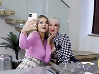 Old slut and her curious niece decide to share lezzie kinks while streaming
