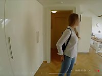 Diminutive boobed, Russian platinum-blonde is gargling her roomy's fuckpole the way he loves the most