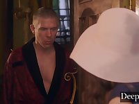 Sexy brunette gives a blowjob to repairman and rides his big dick