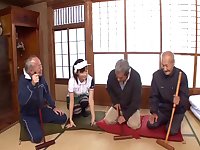 Two old Japanese dudes fuck one younger hottie Ayumi Kimino